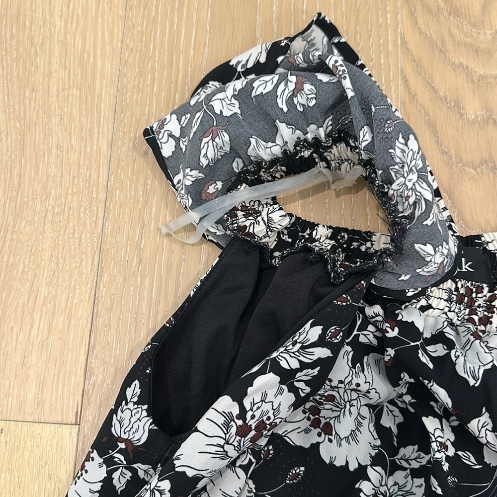 Fabrik Women’s Off The Shoulder Black Floral Mini Dress Flowery Babydoll Small - Picture 10 of 13